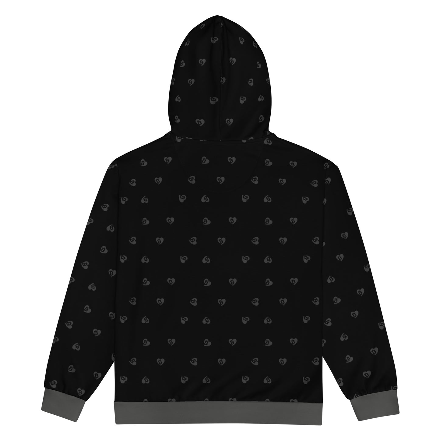 Black hoodie with small gray bitcoin heart patterns on a white background