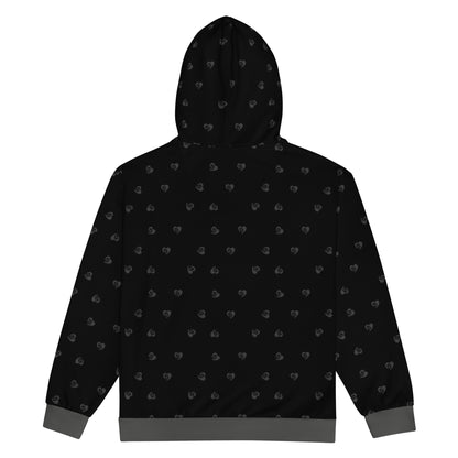 Black hoodie with small gray bitcoin heart patterns on a white background