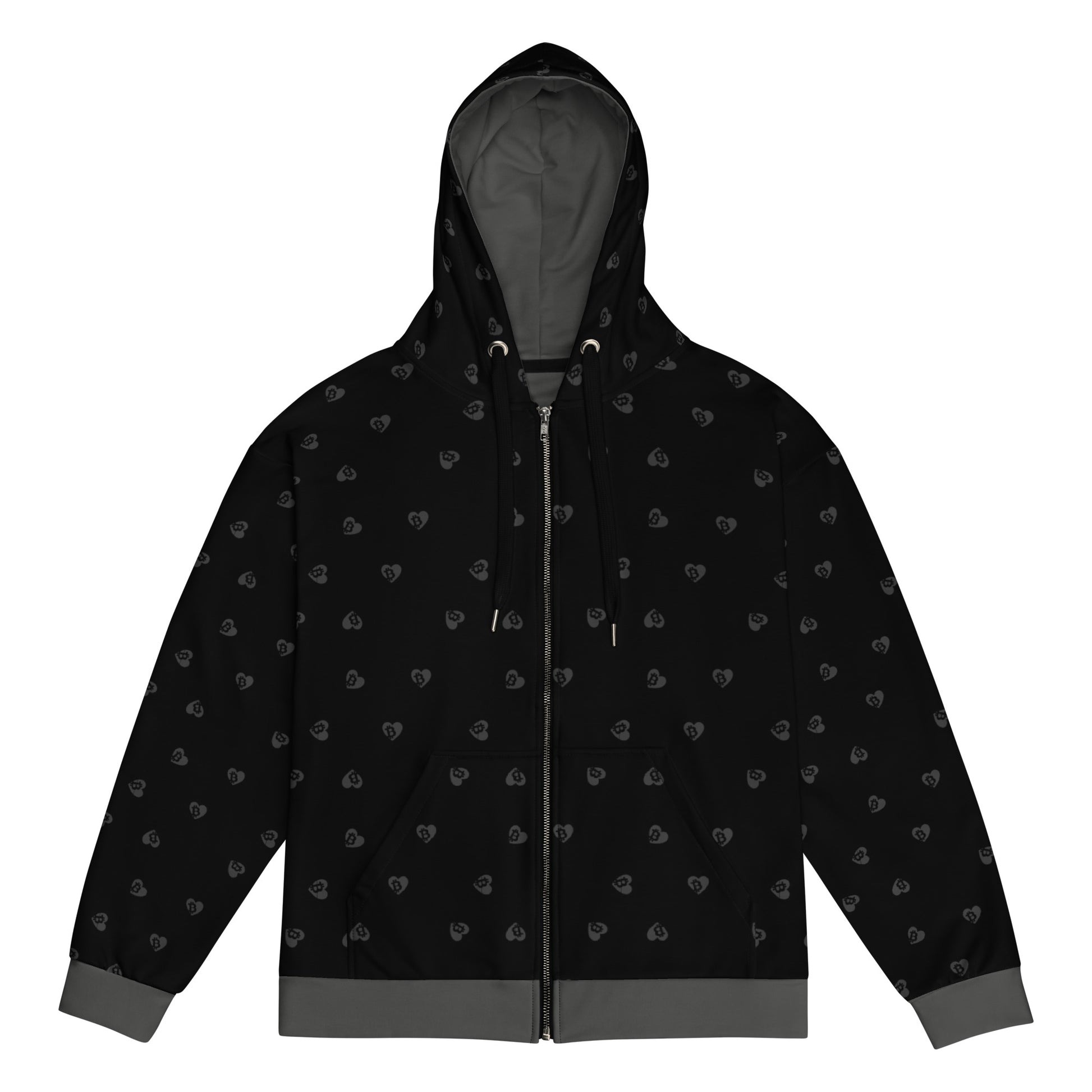 Black hoodie with small gray bitcoin hearts patterns on a white background