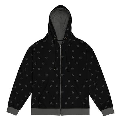 Black hoodie with small gray bitcoin hearts patterns on a white background