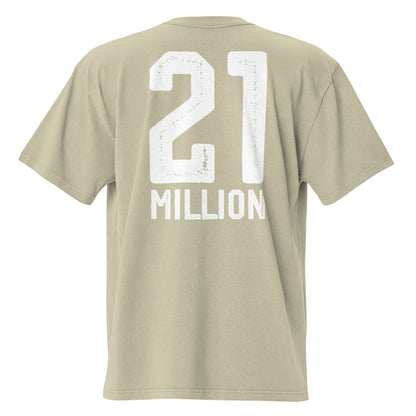 Beige t-shirt with '21 MILLION' printed on the back against a white background