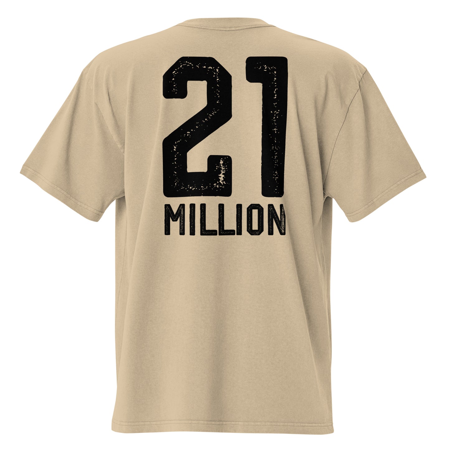 Beige t-shirt with '21 MILLION' printed on the back against a white background