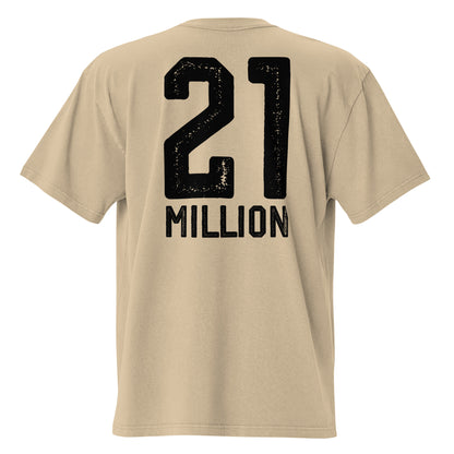 Beige t-shirt with '21 MILLION' printed on the back against a white background