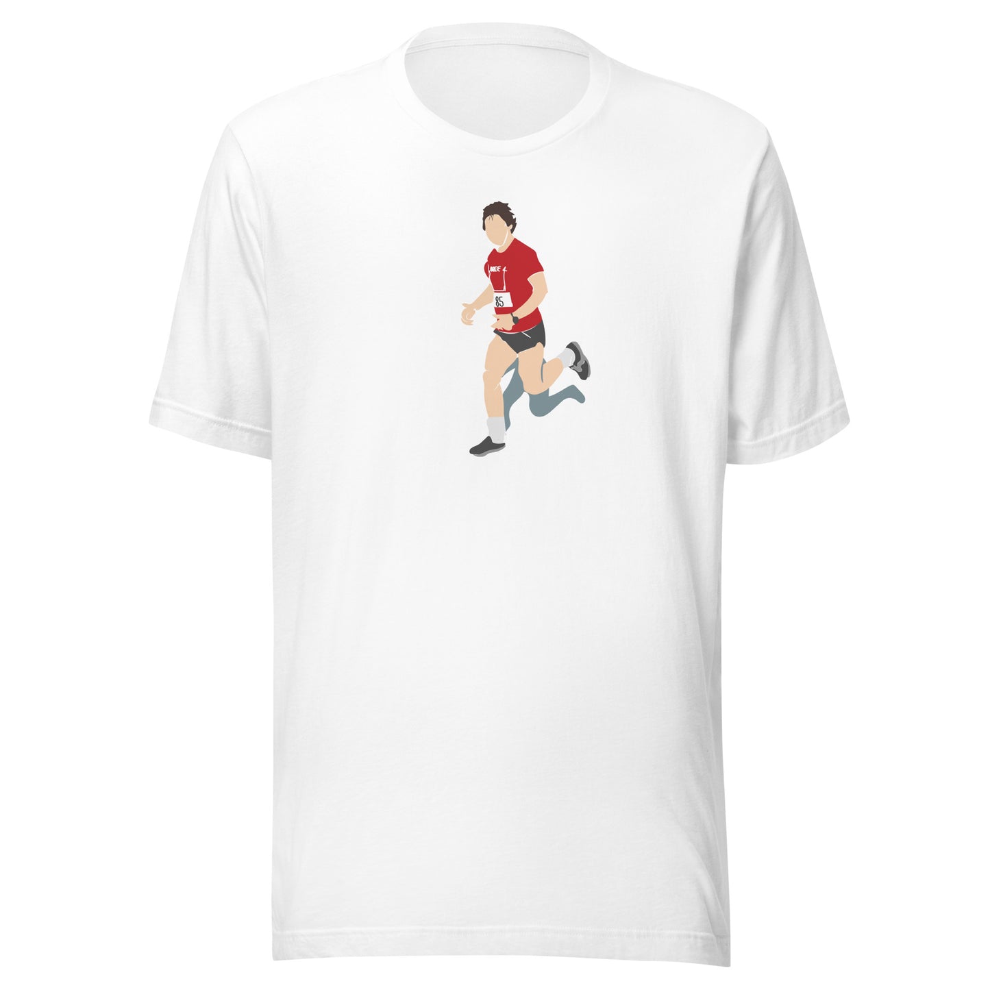 White t-shirt with a graphic of Hal Finney running on a white background