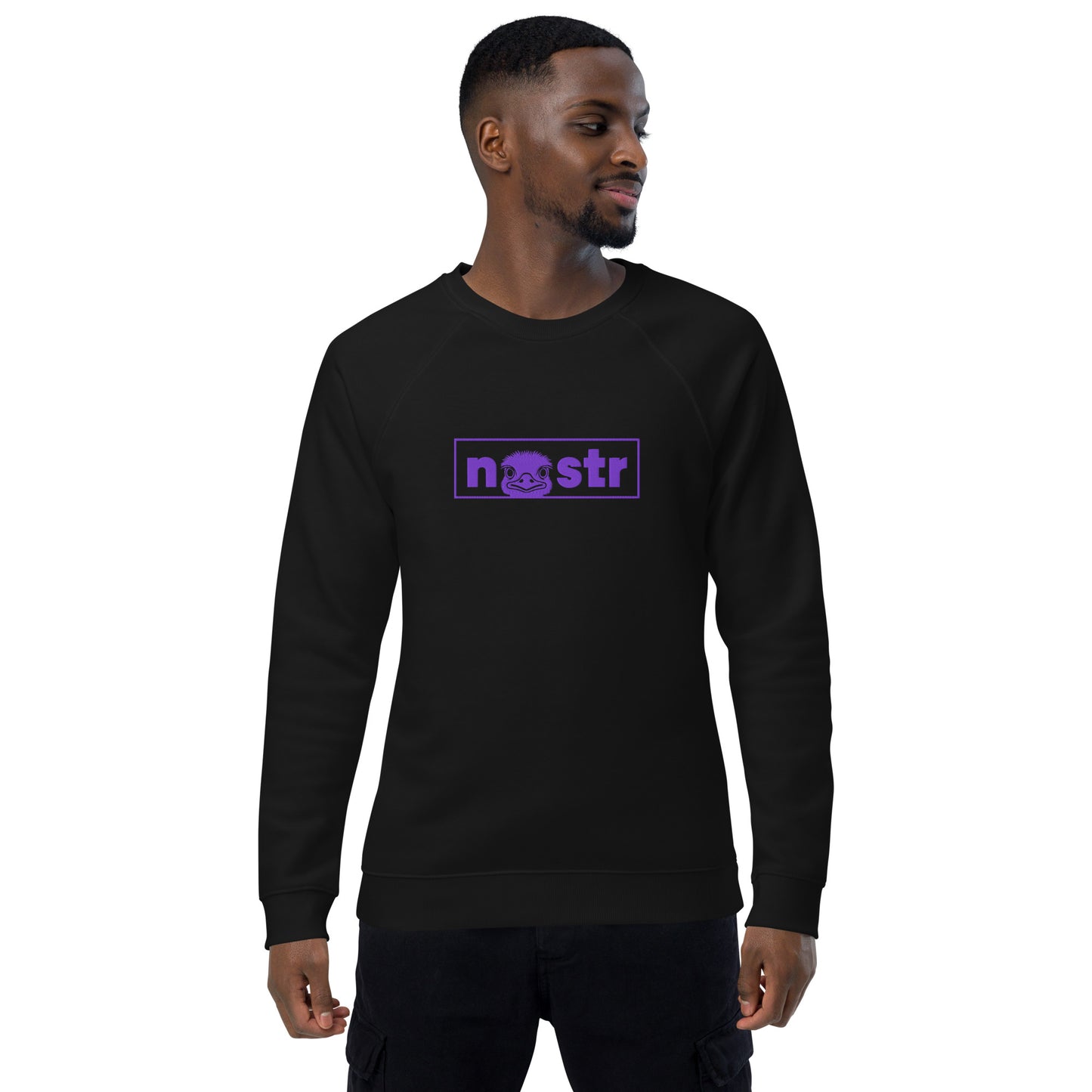 Man wearing a black sweatshirt with a purple nostr logo on a white background