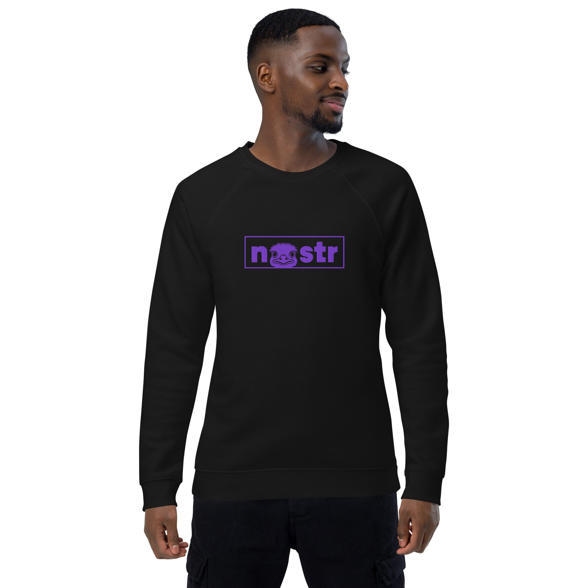 Man wearing a black sweatshirt with a purple nostr logo on a white background