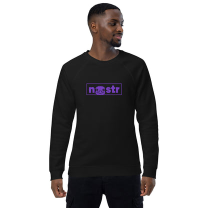 Man wearing a black sweatshirt with a purple nostr logo on a white background