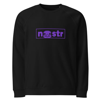 Black sweatshirt with purple nostr logo on a white background
