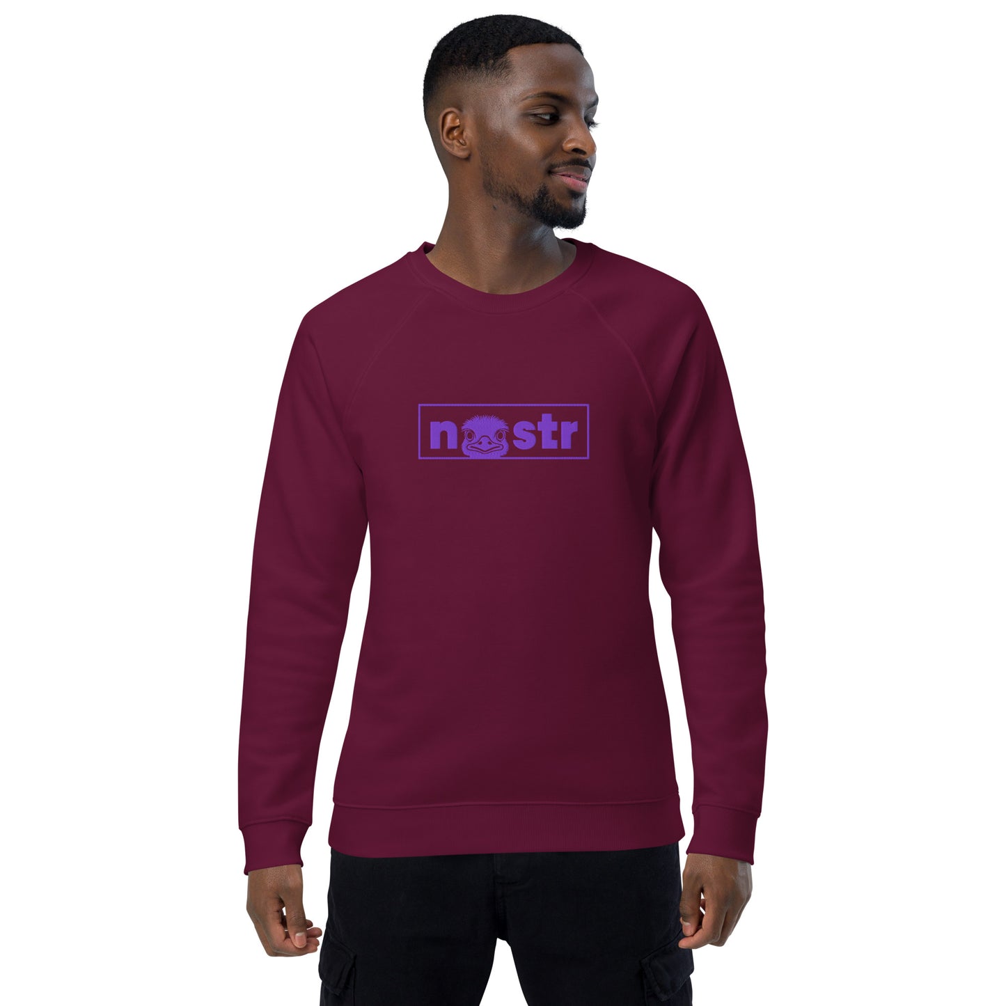 Man wearing a maroon sweatshirt with a nostr logo on a white background