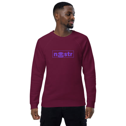 Man wearing a maroon sweatshirt with a nostr logo on a white background
