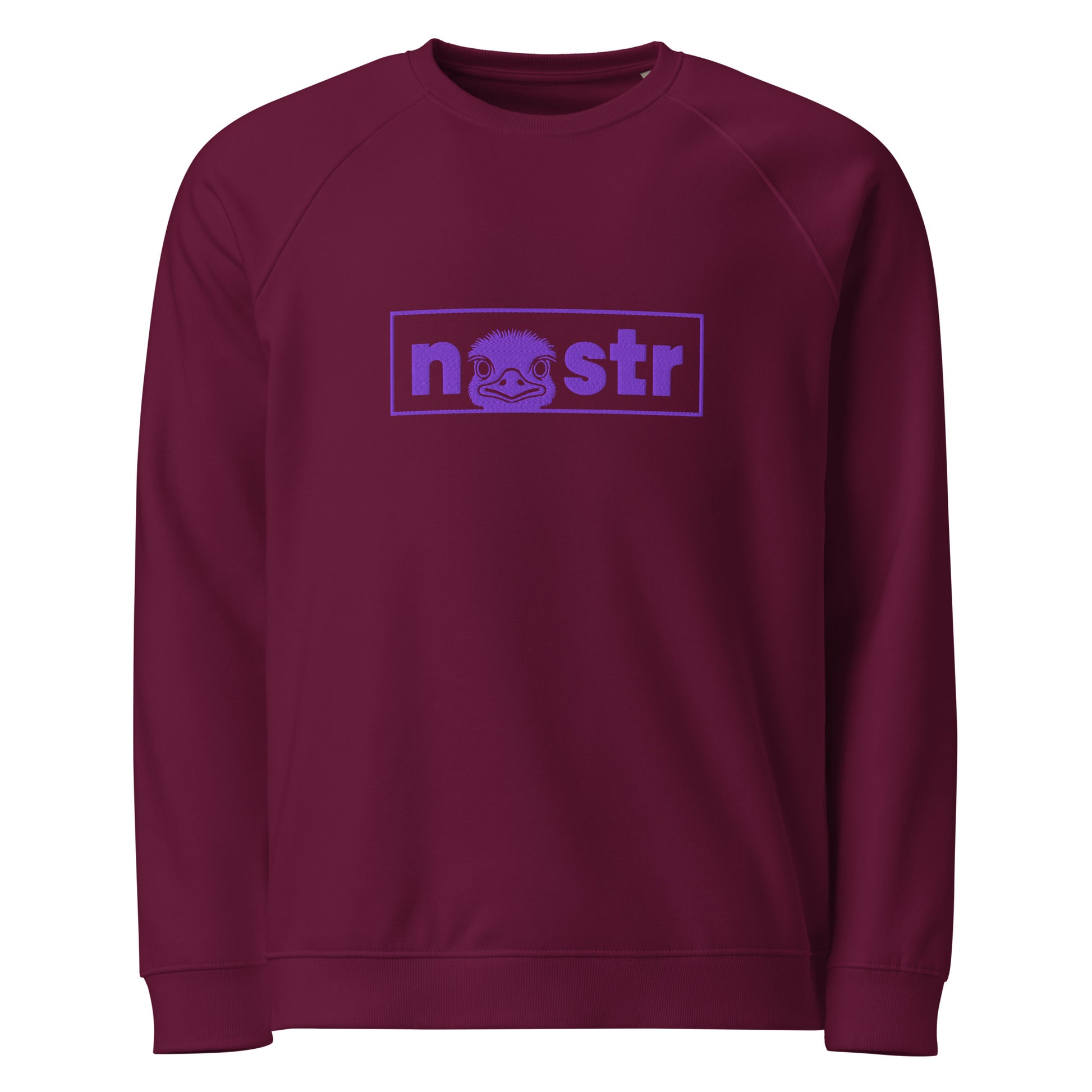 Maroon sweatshirt with a nostr logo on a white background