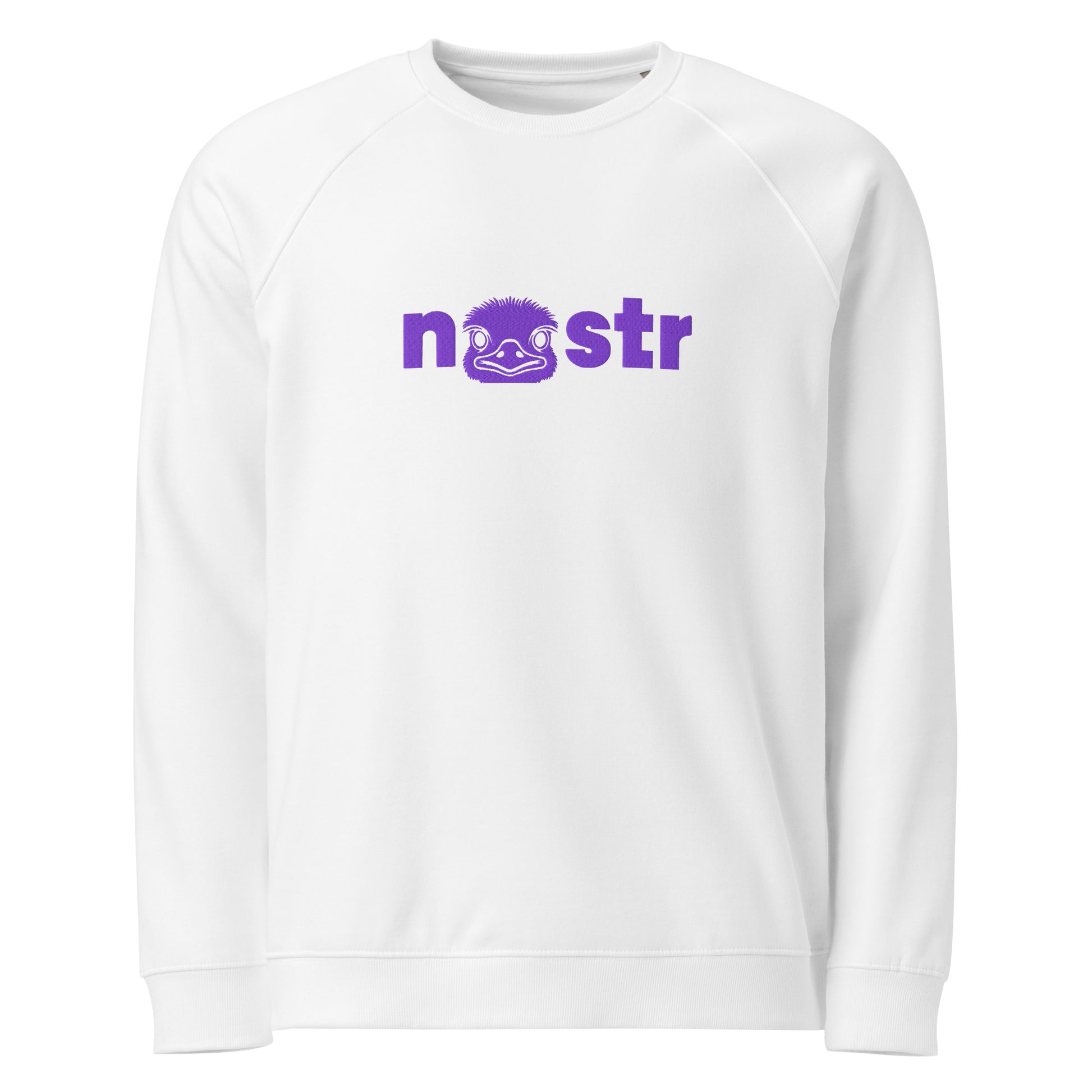 White sweatshirt with purple nostr logo on a white background