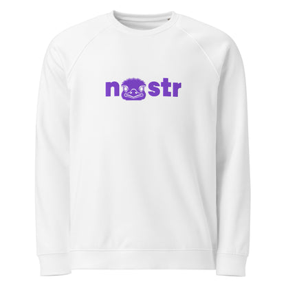 White sweatshirt with purple nostr logo on a white background