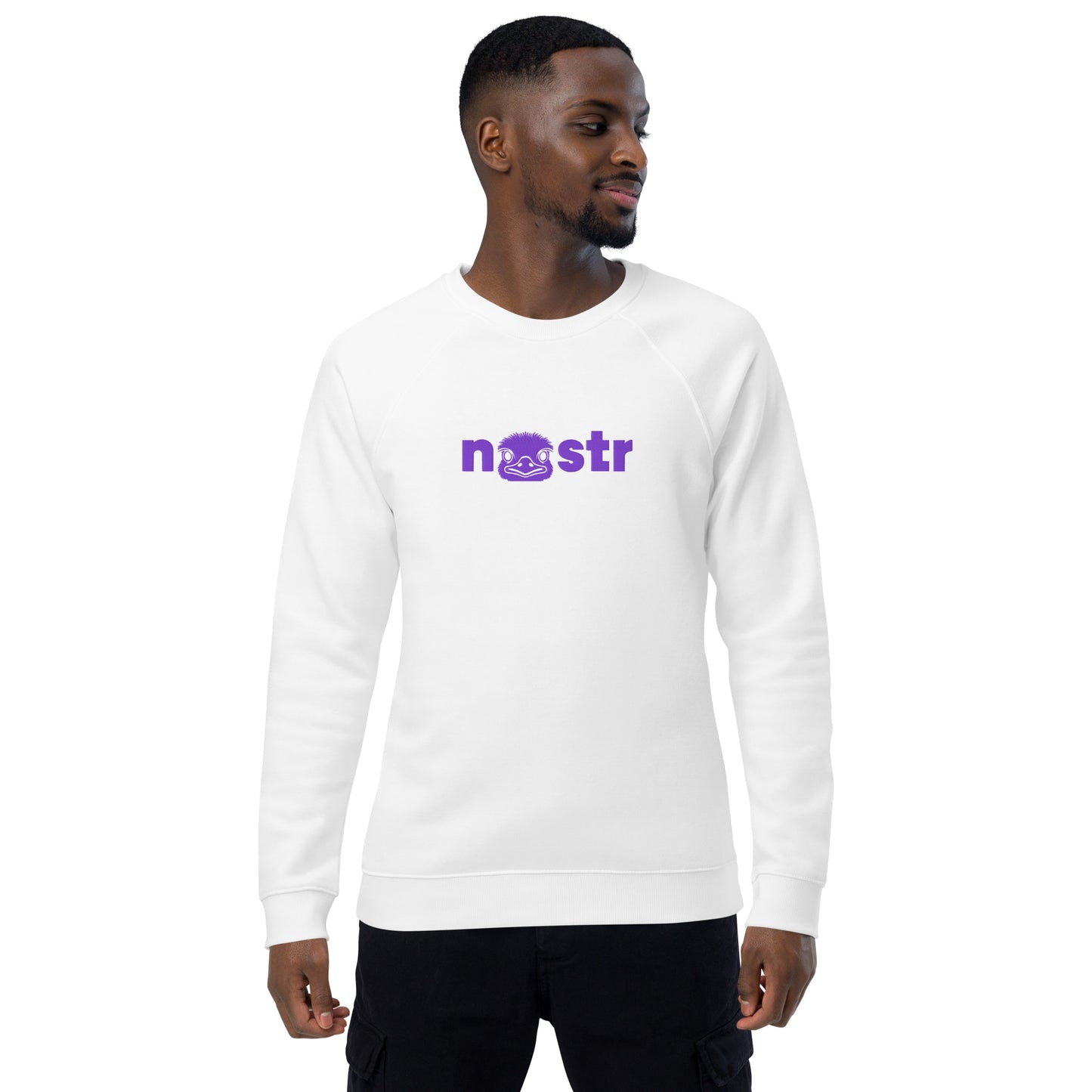 Man wearing a white sweatshirt with a purple nostr logo on a white background