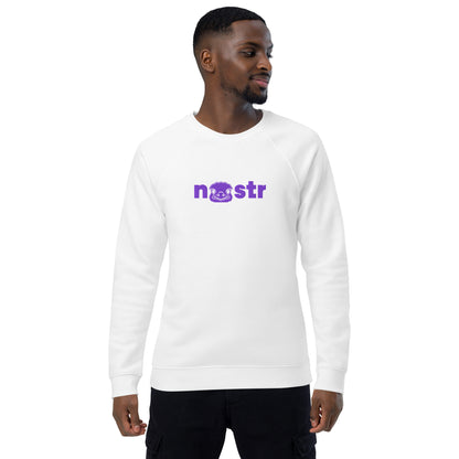 Man wearing a white sweatshirt with a purple nostr logo on a white background