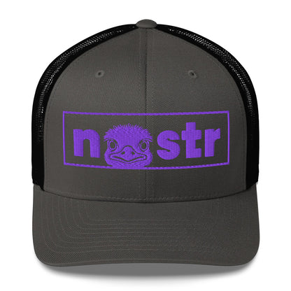 Black and purple cap with 'nostr' logo on a white background