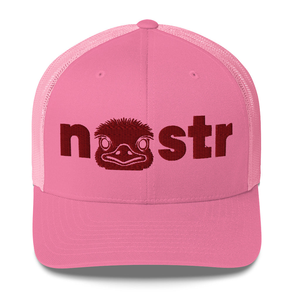 Pink cap with 'nostr' logo featuring an ostrich face on a white background