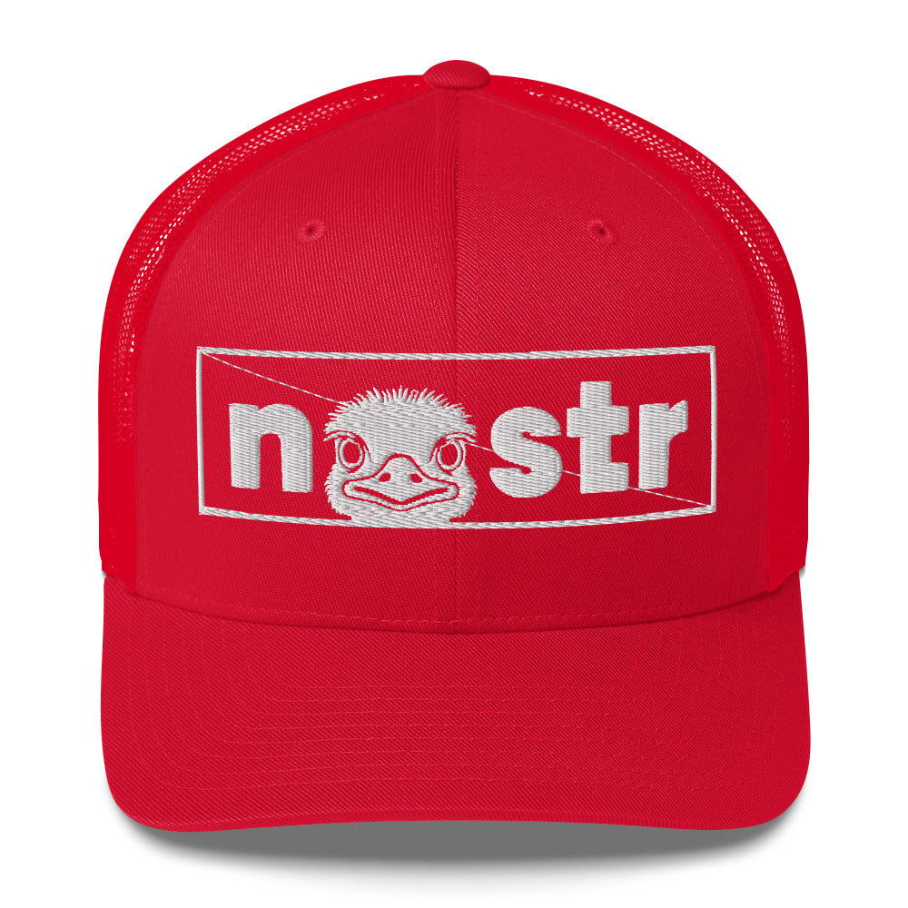 Red cap with 'nostr' logo featuring an ostrich on a white background