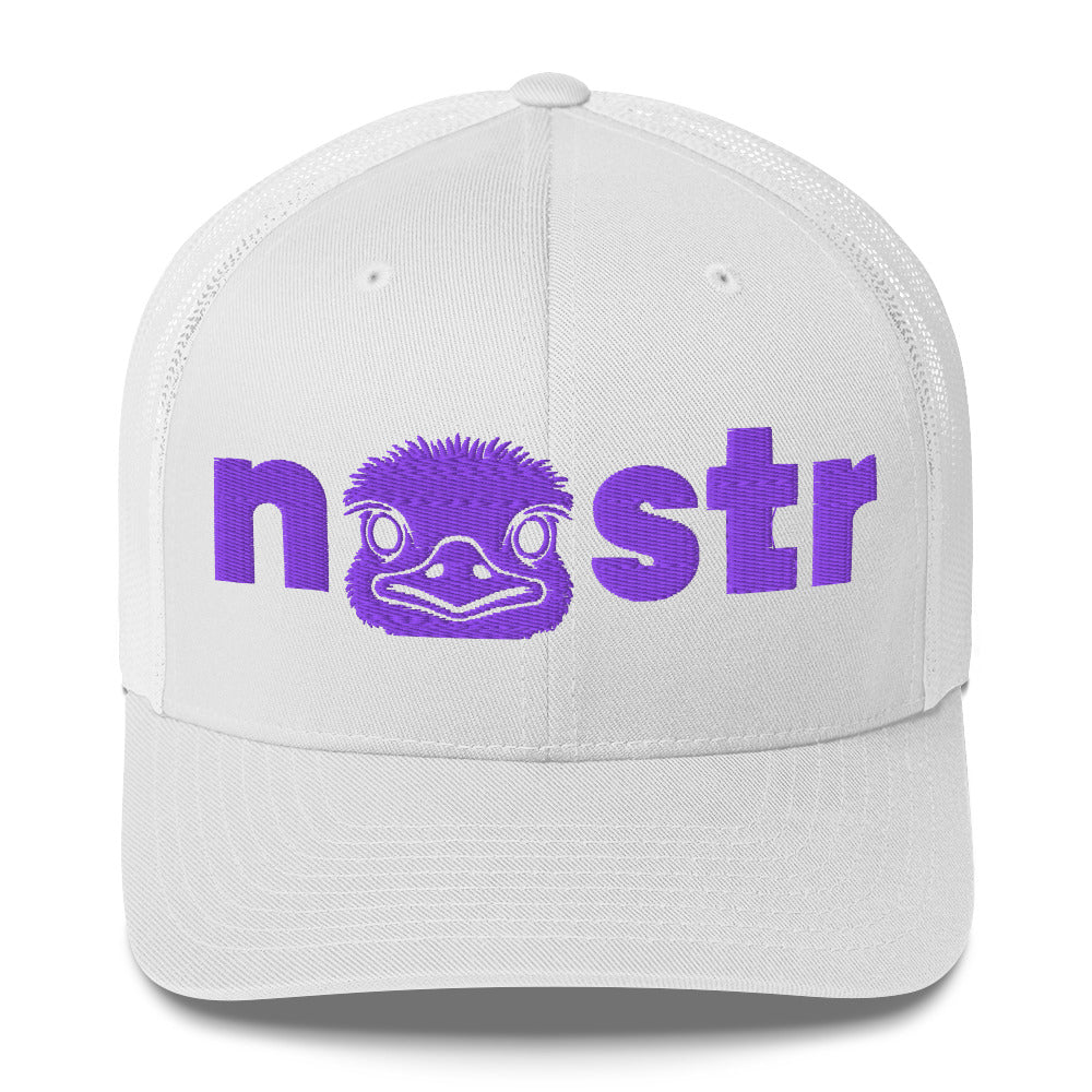 White cap with purple 'nostr' logo featuring an ostrich face on a white background