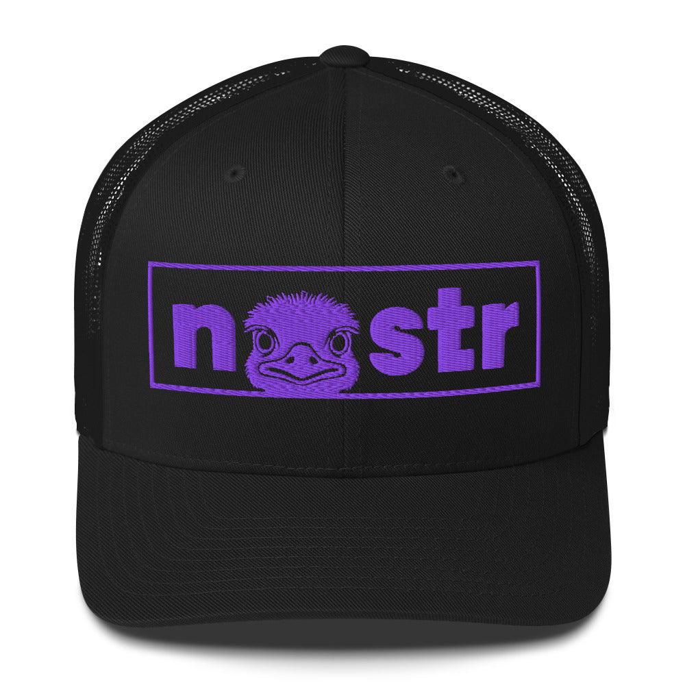 Black cap with purple nostr logo featuring an ostrich and text on a white background