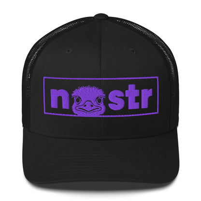Black cap with purple nostr logo featuring an ostrich and text on a white background