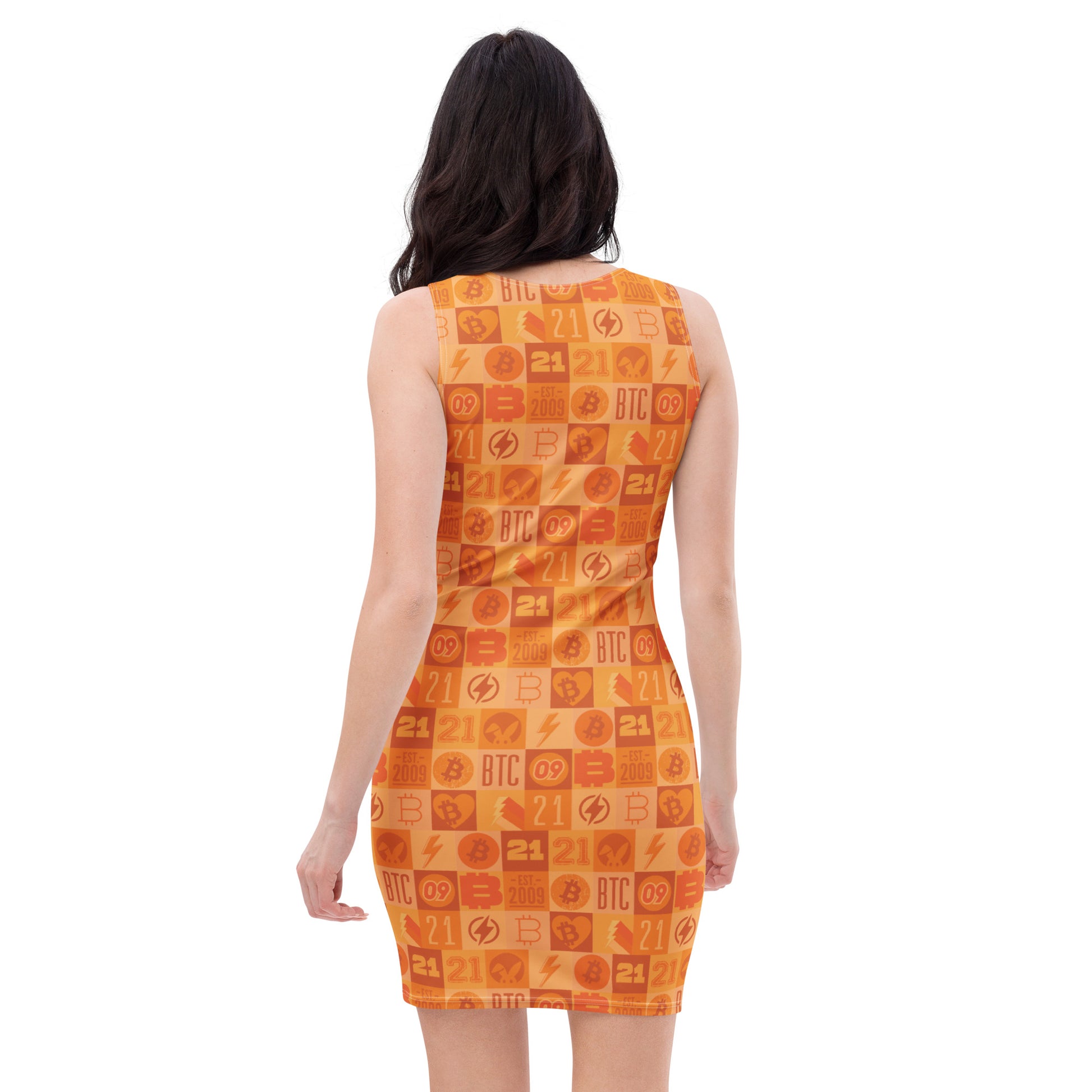 Woman wearing a sleeveless dress with orange bitcoin geometric pattern on a white background