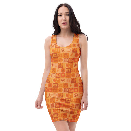 Woman wearing an orange dress with Bitcoin logo pattern on a white background