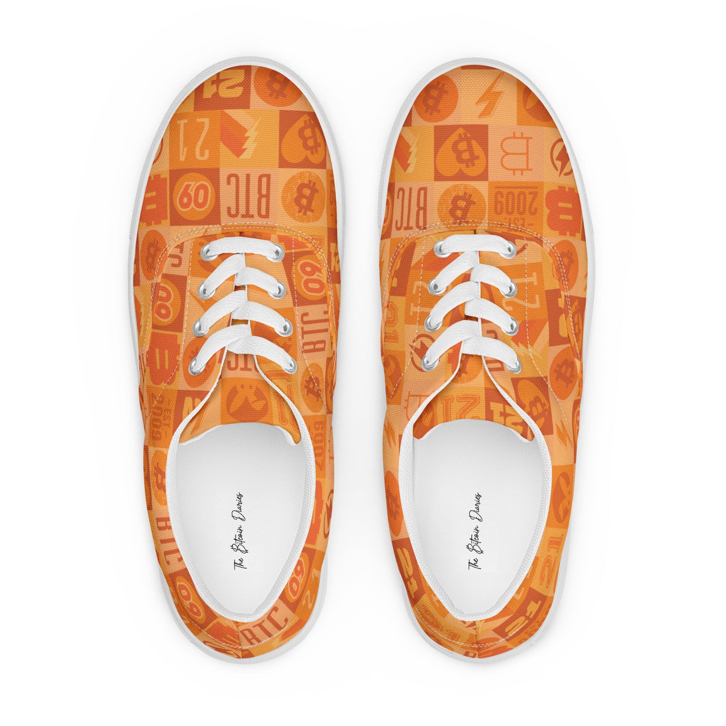 Orange bitcoin sneakers with a pattern on the sole on a white background