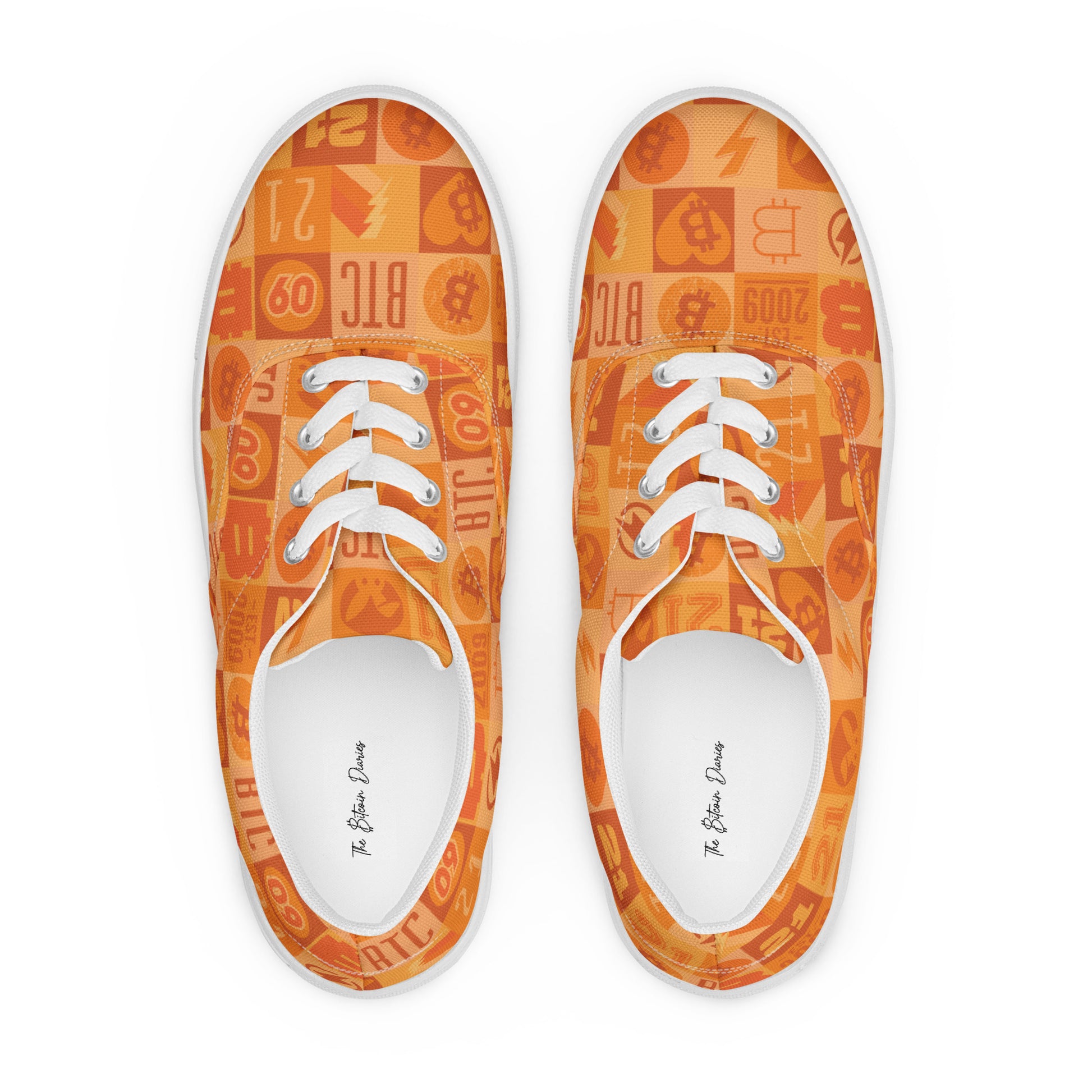 Orange bitcoin sneakers with a pattern on the sole on a white background