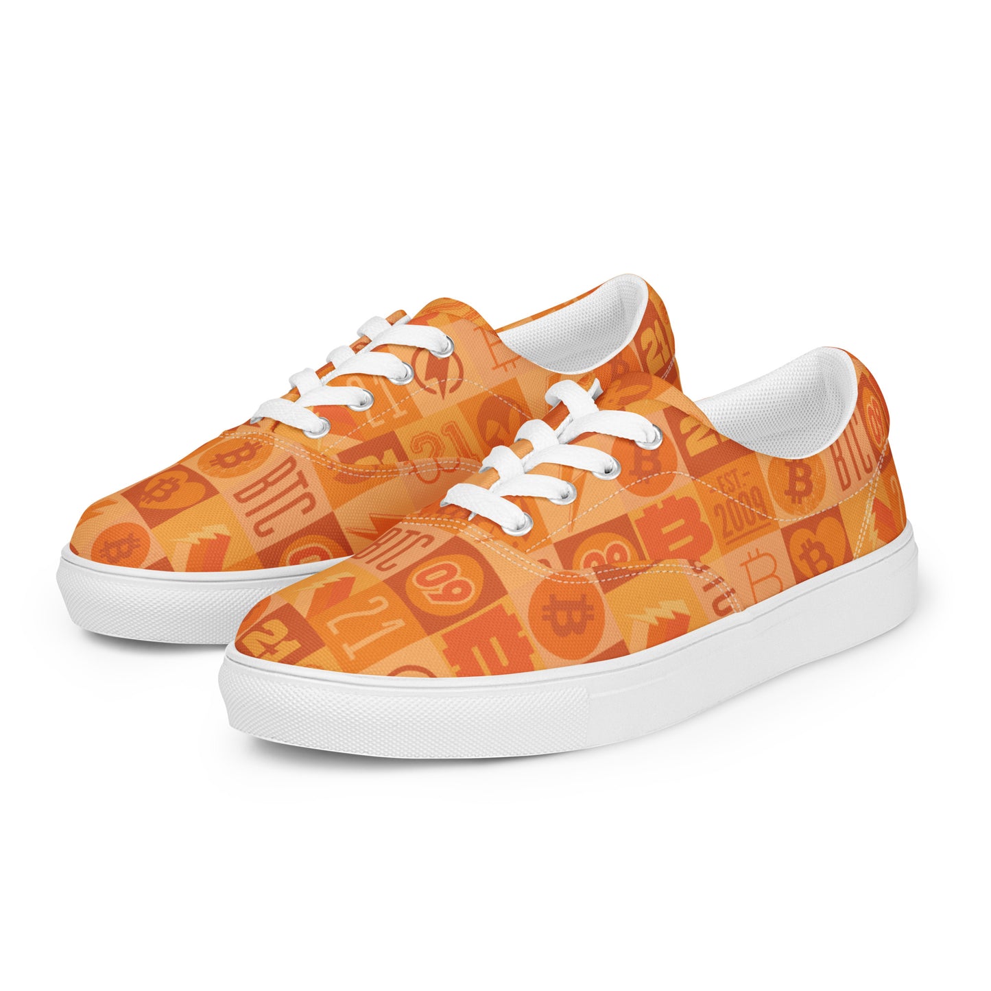 Orange bitcoin sneakers with a pattern on a white background