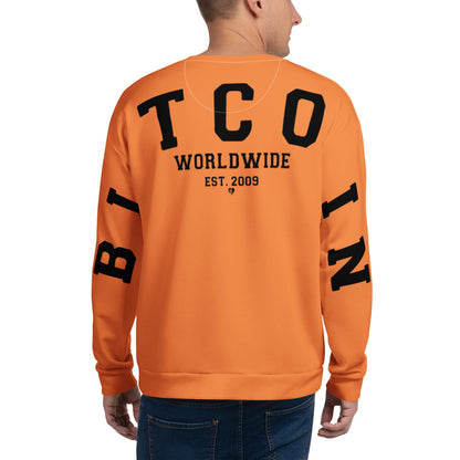 Orange sweatshirt with 'BITCOIN WORLDWIDE' text on a white background