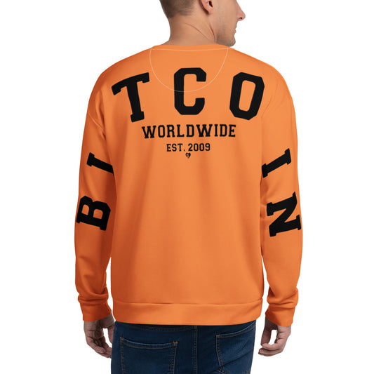 Orange sweatshirt with 'BITCOIN WORLDWIDE' text on a white background