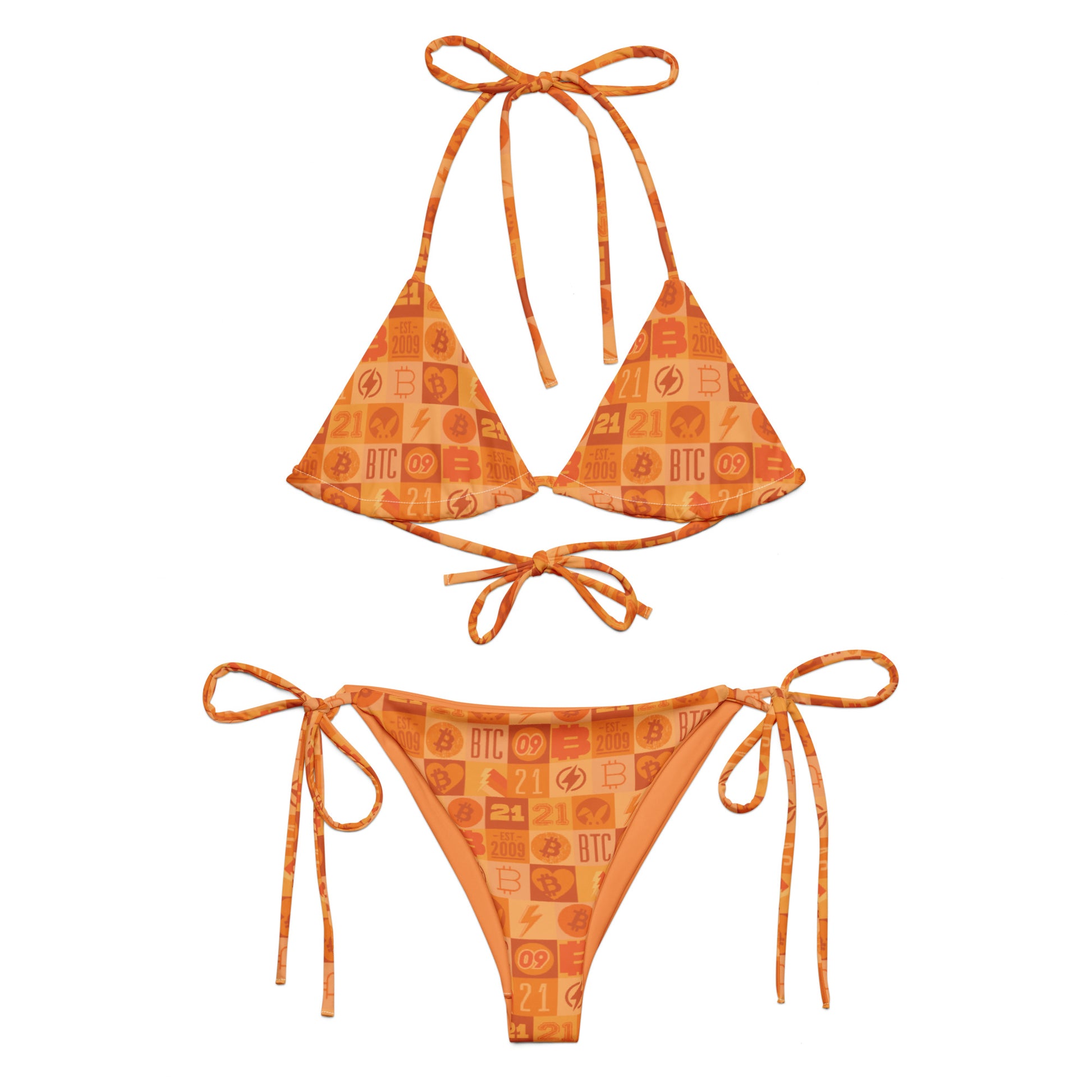 Orange bitcoin patterned bikini set on a white background
