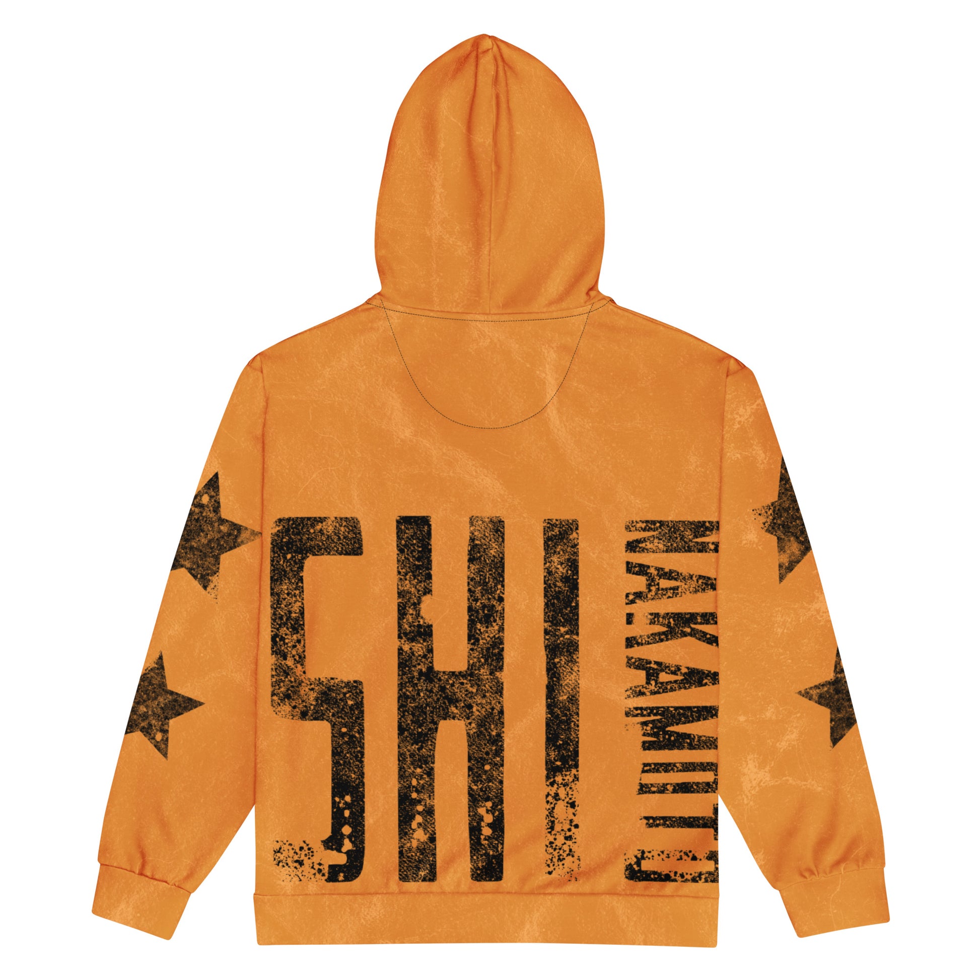 Orange hoodie with black satoshi nakamoto text and star designs on the back against a white background