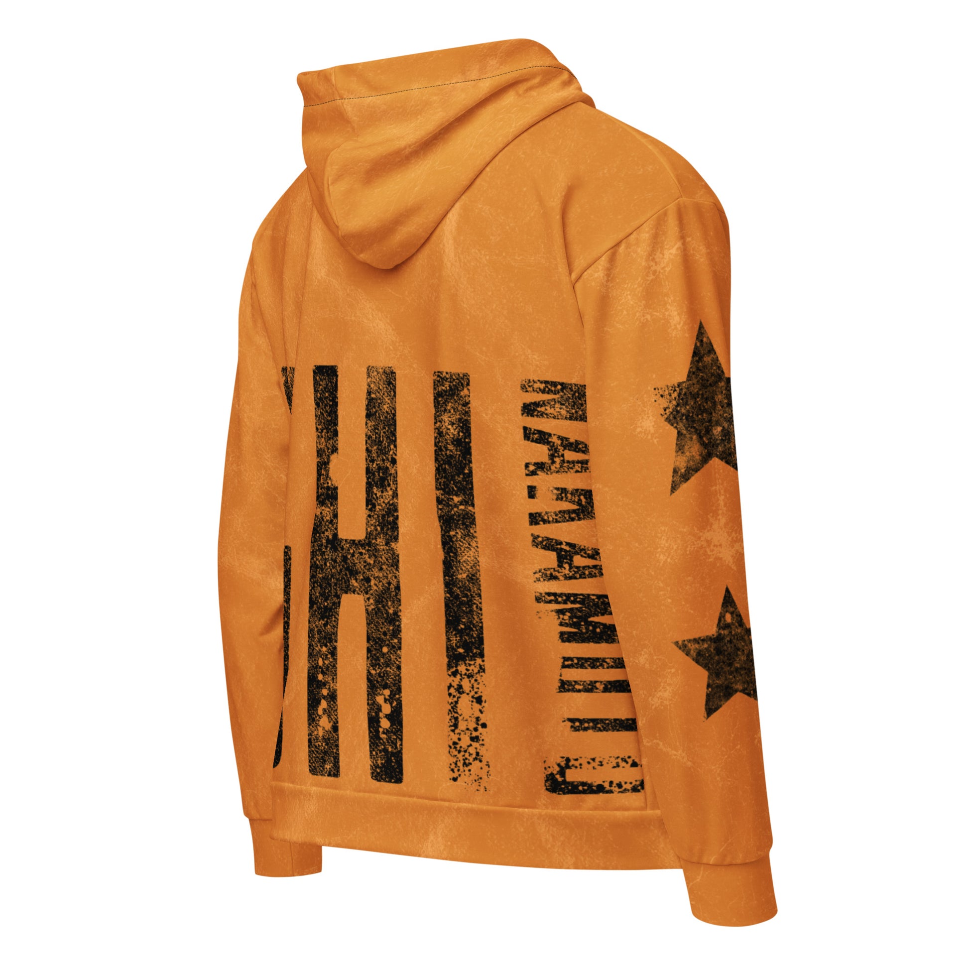 Orange hoodie with black satoshi nakamoto text and star design on a white background