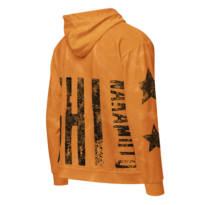 Orange hoodie with black satoshi nakamoto text and star design on a white background