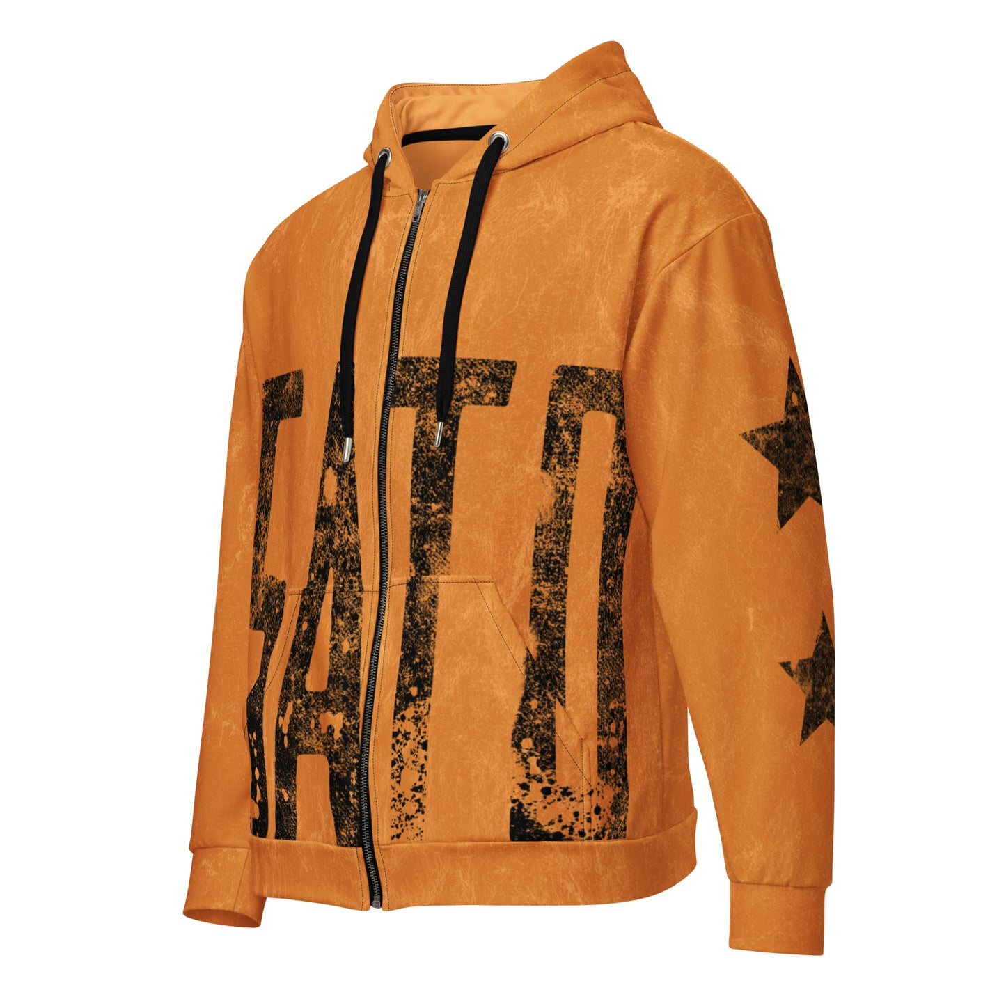 Orange hoodie with black satoshi nakamoto text and star designs on a white background