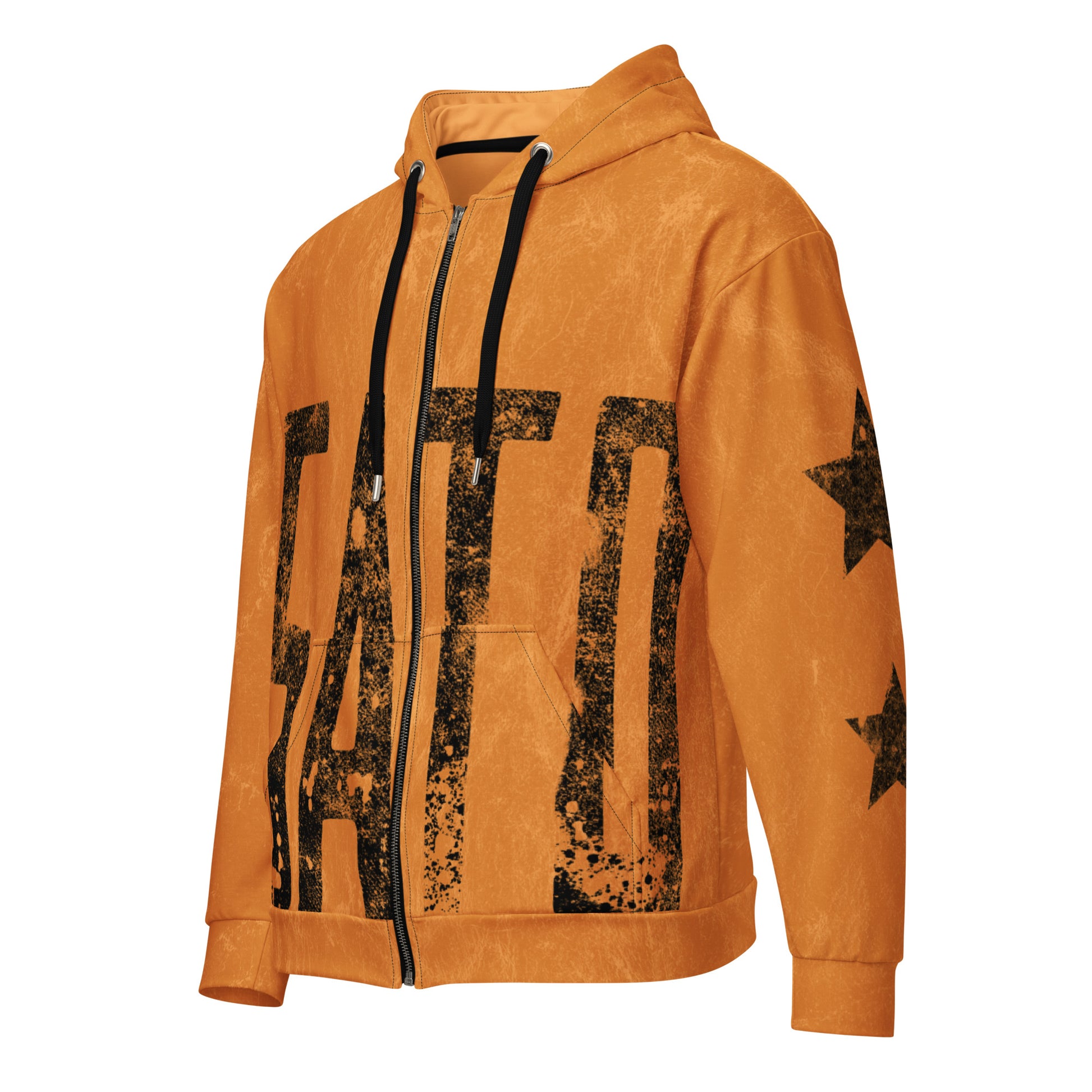 Orange hoodie with black satoshi nakamoto text and star designs on a white background