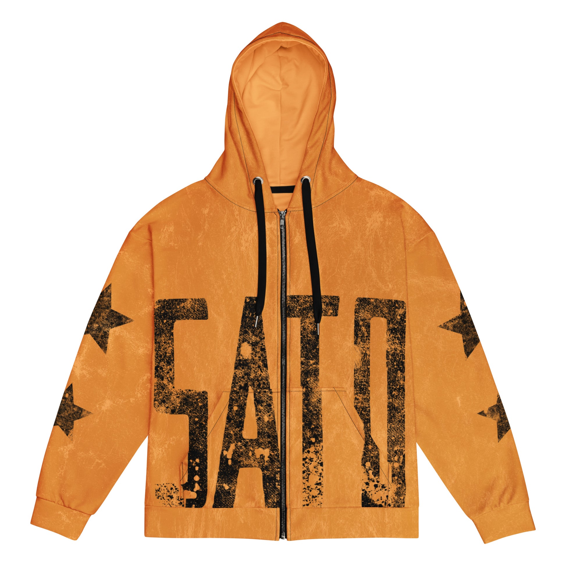 Orange hoodie with black satoshi nakamoto text and star designs on a white background