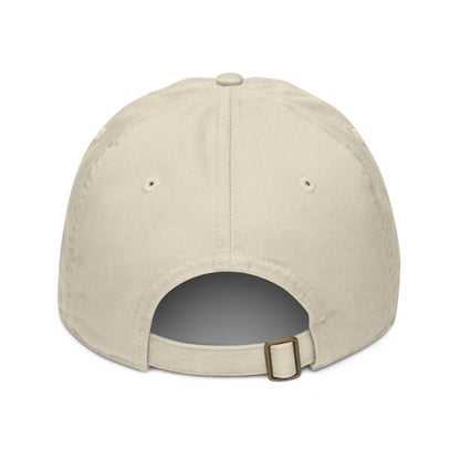 Beige baseball cap with a brown buckle on a white background