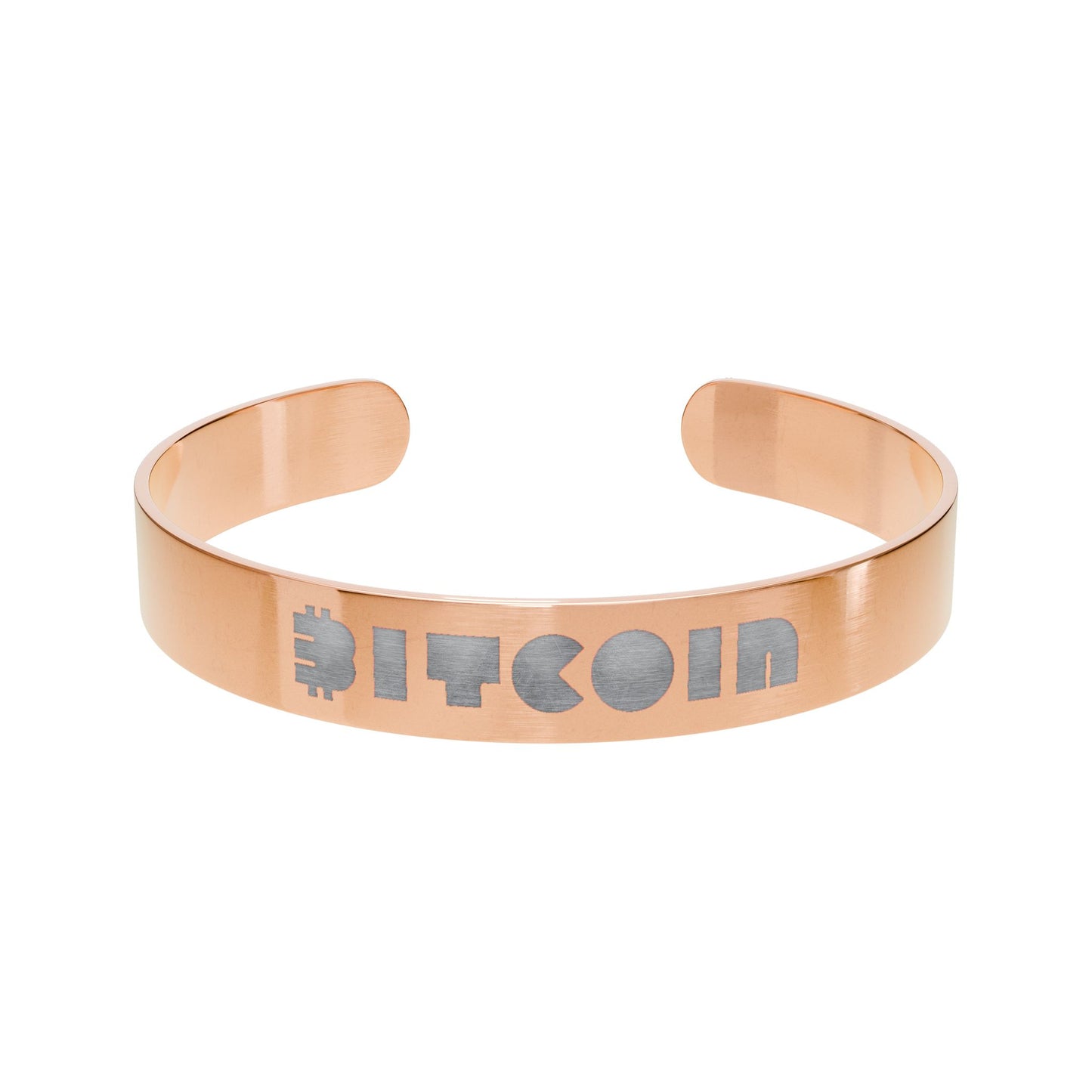 Rose gold bracelet with 'BITCOIN' engraving on a white background