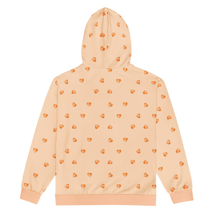 Peach hoodie with small orange bitcoin hearts patterns on a white background