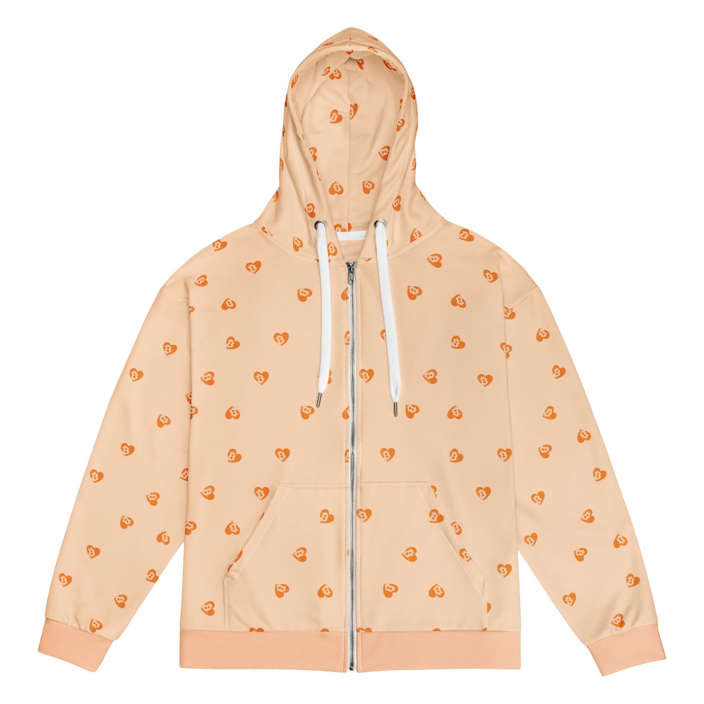 Peach hoodie with small orange bitcoin hearts patterns on a white background