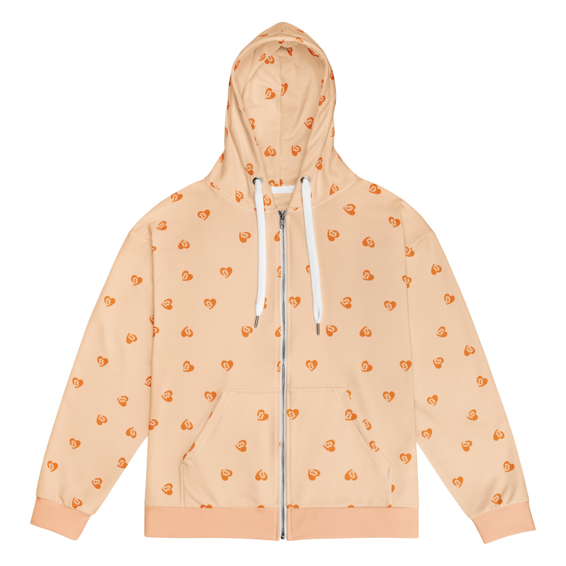 Peach hoodie with small orange bitcoin hearts patterns on a white background
