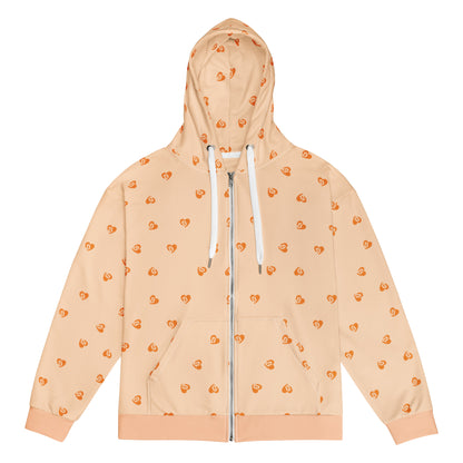 Peach hoodie with small orange bitcoin hearts patterns on a white background