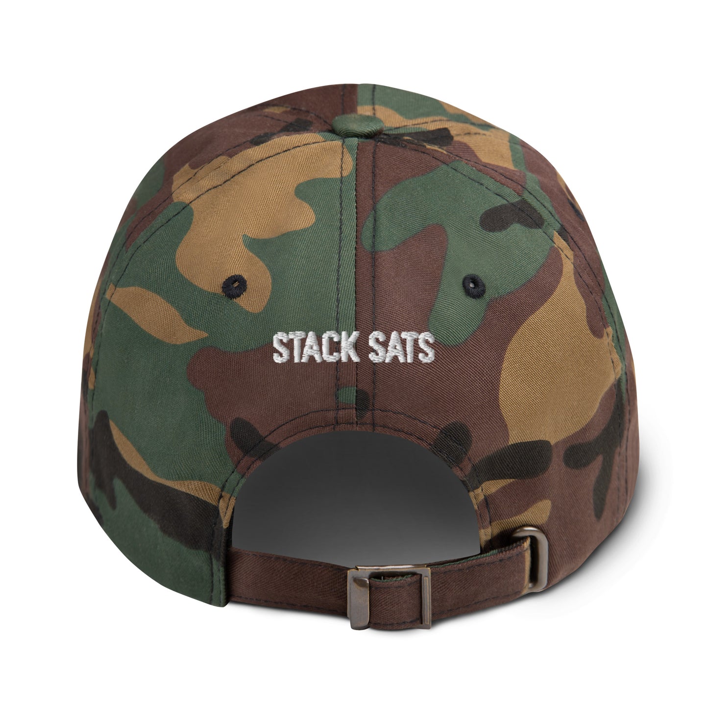 Camouflage baseball cap with 'STACK SATS' text on a white background