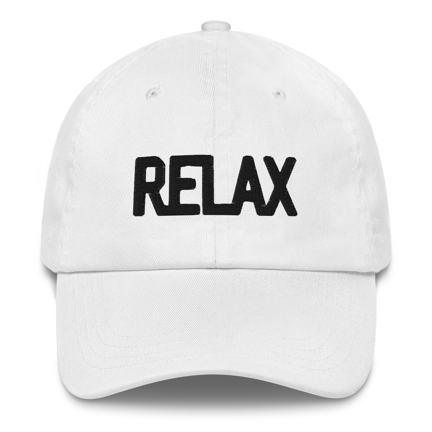 White cap with 'RELAX' text on a white background