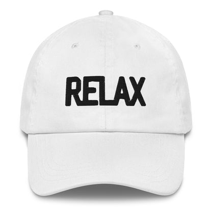 White cap with 'RELAX' text on a white background
