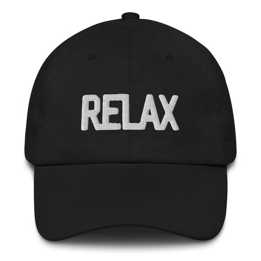 Black cap with 'RELAX' embroidered on it against a white background