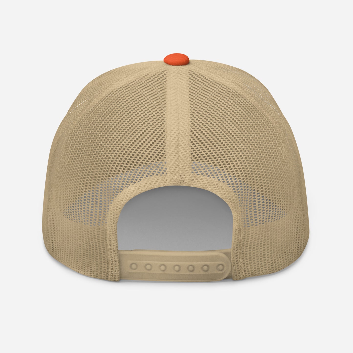 Beige mesh cap with a orange button on a light gray background